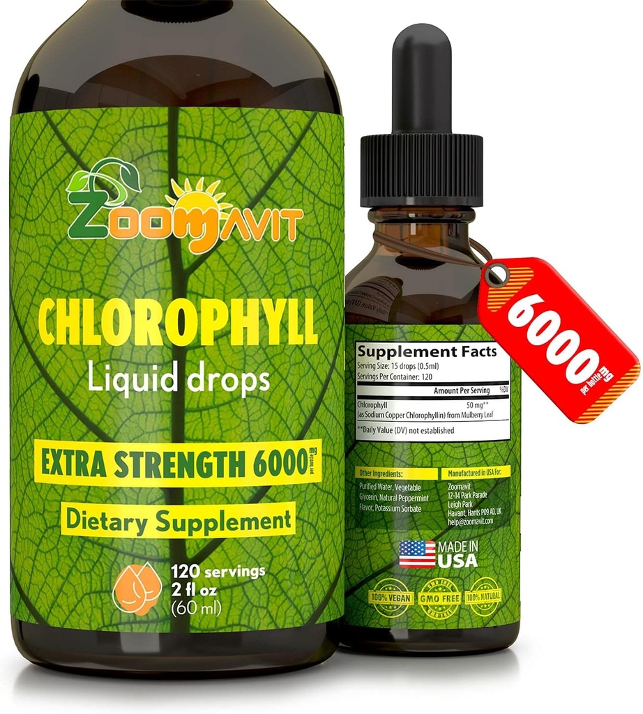 Klorofil Liquid Drops 100% Vegan Organik - Energi dan Imune System Booster Tambahan dengan Mint Flavor untuk Air - Natural Internal Deodoran - Ekstra Kekuatan 6000mg 120 Hamba