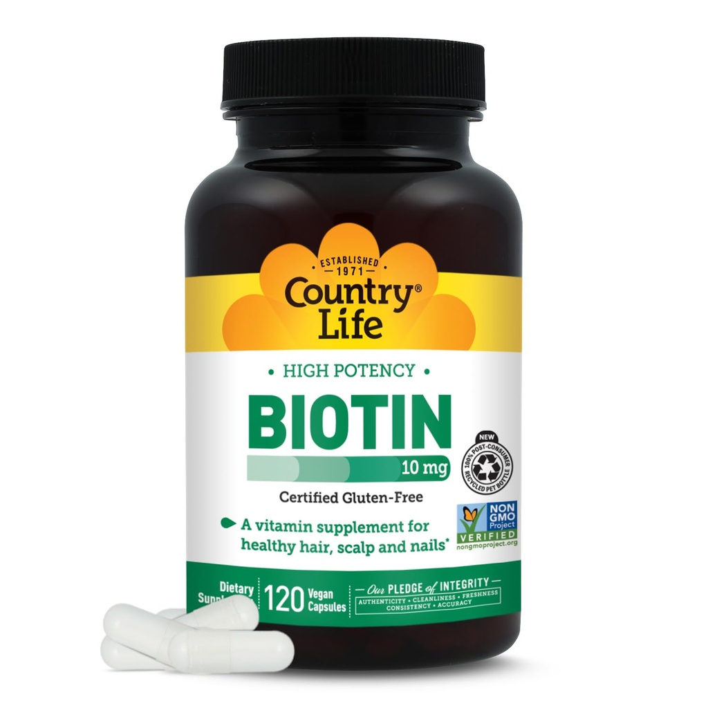 Country High Potency Biotin 10mg - Vegan & Gluten- Free Biotin Suplemen untuk Skin & Nails, Energy Metabolisme - Biotin 1000mcg Capsules