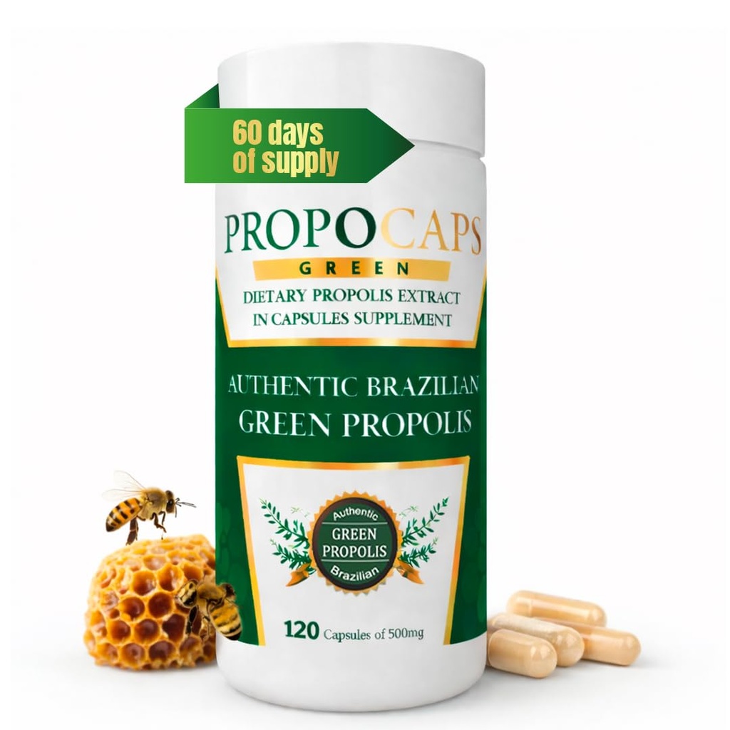 Beelife Green Propolis Capsules- 100% Green Propolis dan Bee Pollen Capsule Suplemen - Ekstrak Propolis, Authentic Brasil - Sertifikasi ISO 22000, Kosher (120 Capsules)