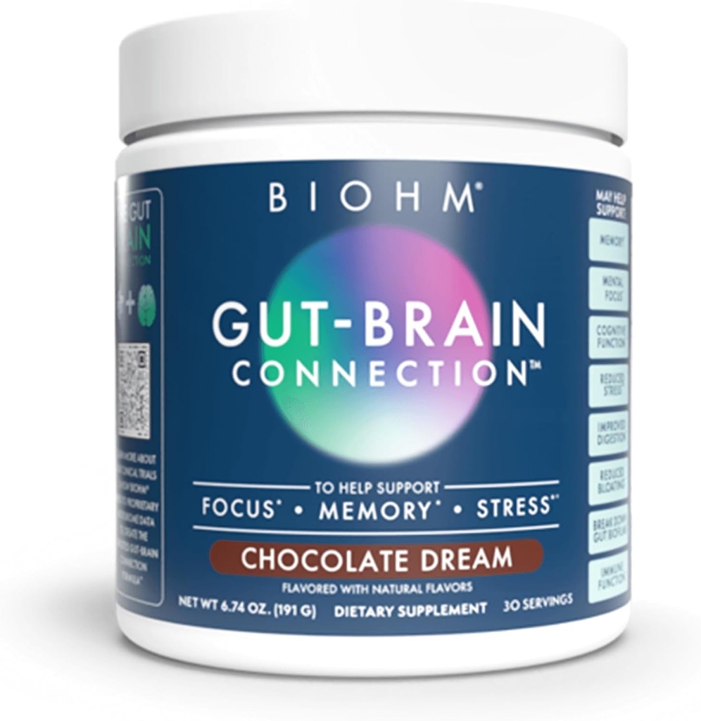 BIOHM Gut-Brain Connection Memory & Focus Supplement (6.74 Oz, 30 Servings) Mendukung Kesehatan Gut & Kognitive Wells, Membantu Enhance Mood, Propines, Singa Mane & Bacopa Monneiri, Chocolate Flavor
