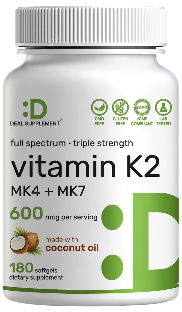 DEAL SUPLEMENT Vitamin K2 Suplemen 600mcg, 180 Coconut Oil Softgels 124; Full Spectrum High Absorpsi MK-7 & MK-4 Forms 124; Bone, gabungan, & Imune Dukungan - NN-GMO
