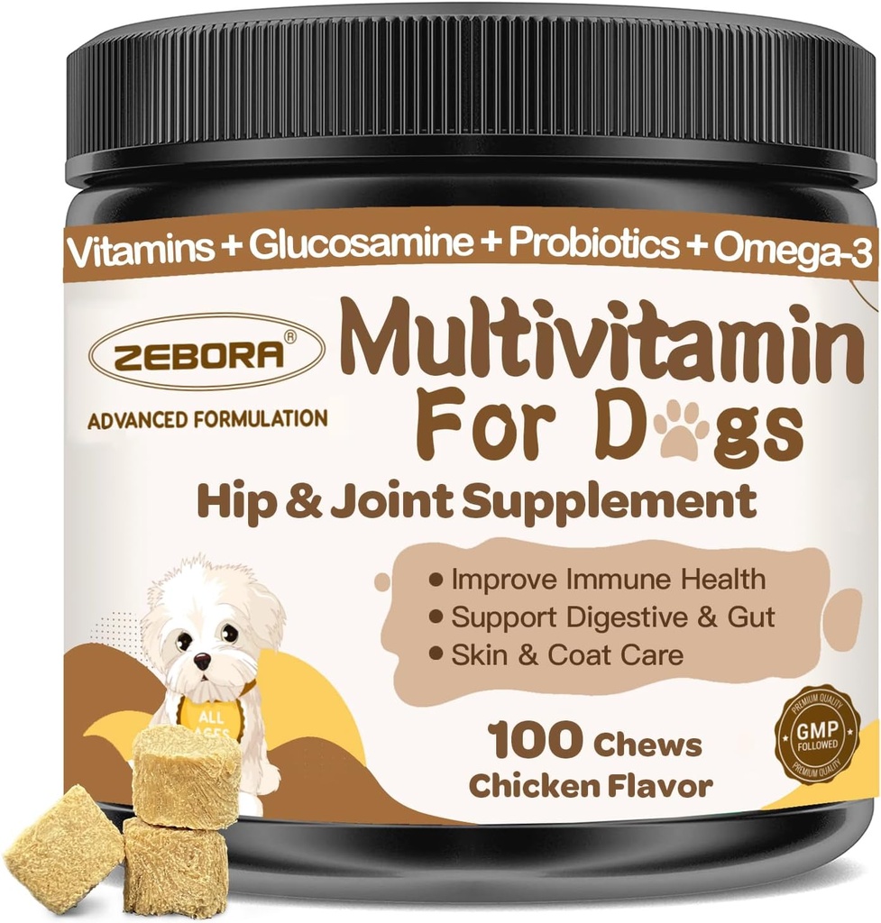 Dog Multivitamin dengan Mineral untuk Kesehatan - Vitamin Anjing dan Suplemen Glucosamin, Propocamine untuk Anjing Puppy & Senior dengan Mineral - Omega 3 Minyak Ikan untuk Skin & Coat - 100 Chews
