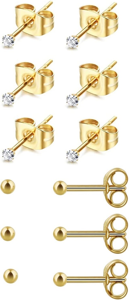 6Pairs 2mm / 3mm Bedah Steel Hypoallergenic Studs, 20G 14K Real Gold Filled Tiny Stud Earrings Set for Multiple Hole Piercing (Cubic Zirconia, Pearl, Ball)