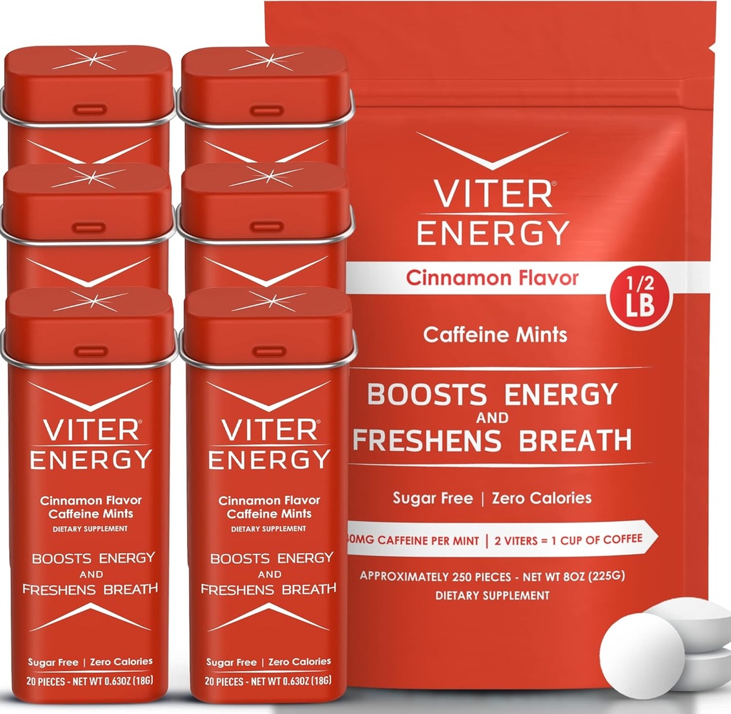 Viter Energy Original Caffeine Mints Cinnamon Flavor 6 Pack dan 1 / 2 Pound Bulk Bundle - 40mg Caffeine, B Vitamin, Sugar Free, Vegan, powerful Energy Booster untuk Fokus dan Alertice