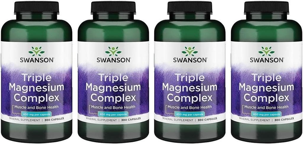 Swanson Triple Magnesium Kompleks - Mineral Suplemen Alam - Menampilkan Citrate, Oxide & Aspartate - (300 Capsules, 400mg Masing-masing, 4 Pack)
