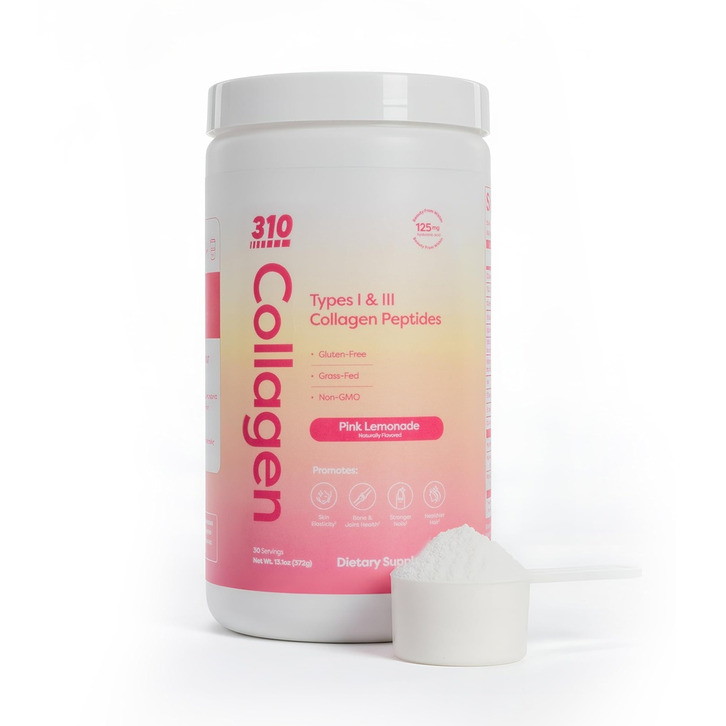 310 Nutrition Hydrolyzed Collagen Peptides Powder for Women & Men - Grass-Fed Collagen Suplement w / Hyalanic Acid, Resveratrol, Vitamin C, D & E for Skin, Hair dan Nails - 30 SRV Pink Lemonade