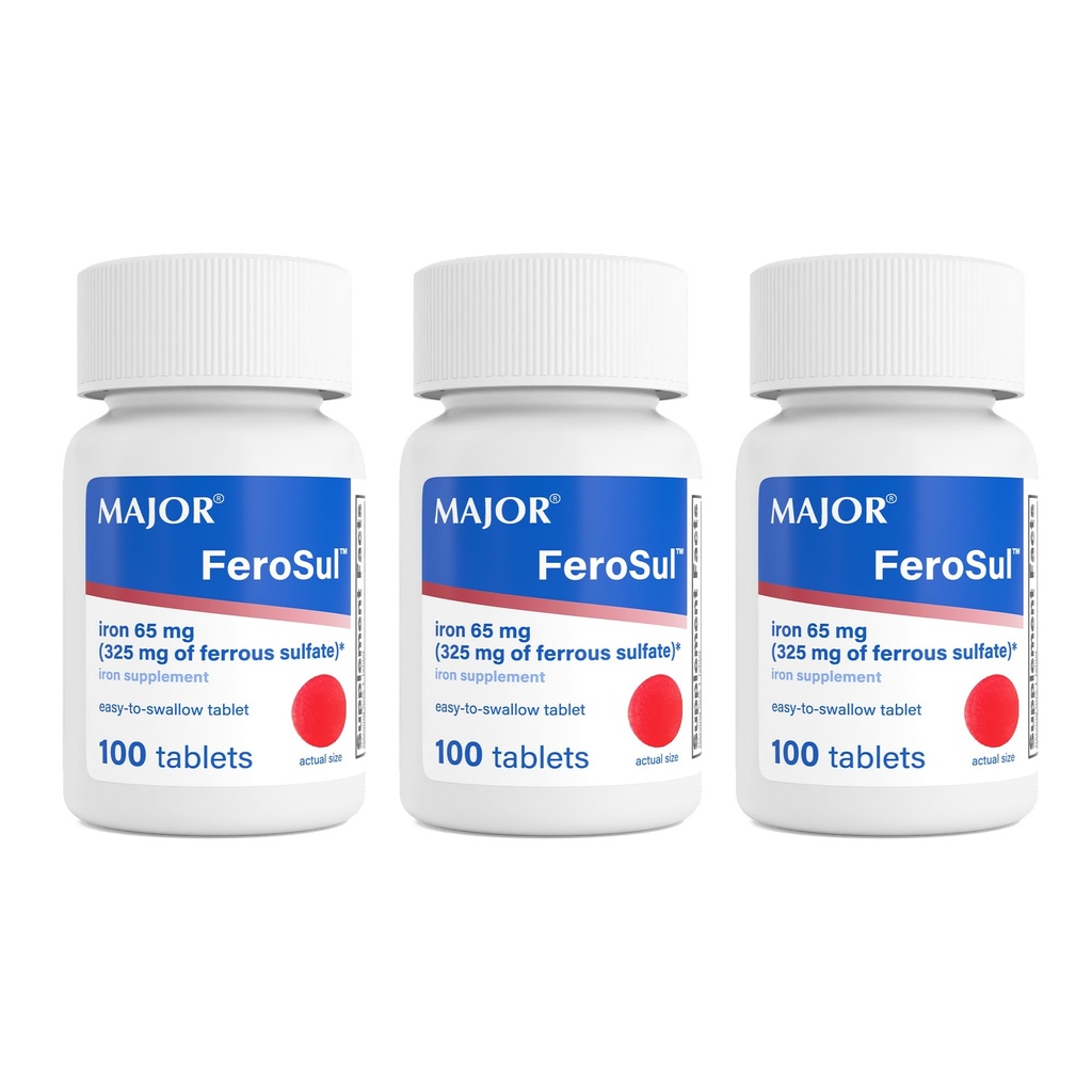 MAJOR Ferosul - Ferrous Sulfate 325mg Tablet dengan 65mg dari Besi Elemental - Penyesuaian Besi untuk Perempuan, Pria - Merah - 100 Cacah (3 Pack)