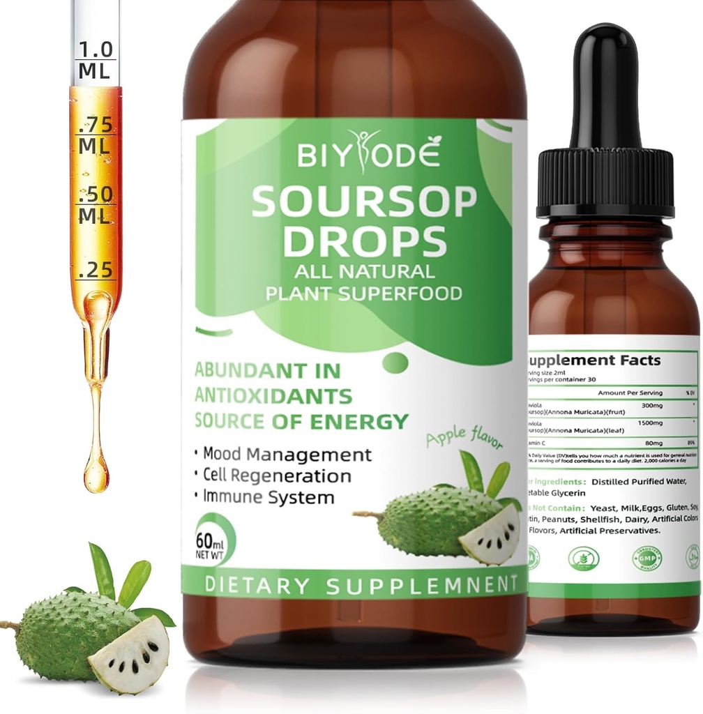 Soursop Graviola Liquid Drops: 1800mg Premium Antioksidant Supply Ammune Health Distration Relaxation Sleep Vegan Free Sugar Free 1 Fl Oz 30 Day Supply