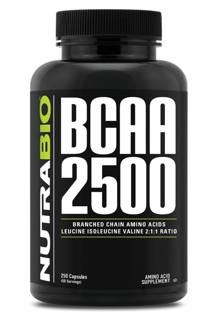 NutraBio - BCAA 2500 - Branched Chain Acids Amino - Dukung Perkembangan Muscle Baru dan Prevent Muscle Breakdown - 250 Capsules