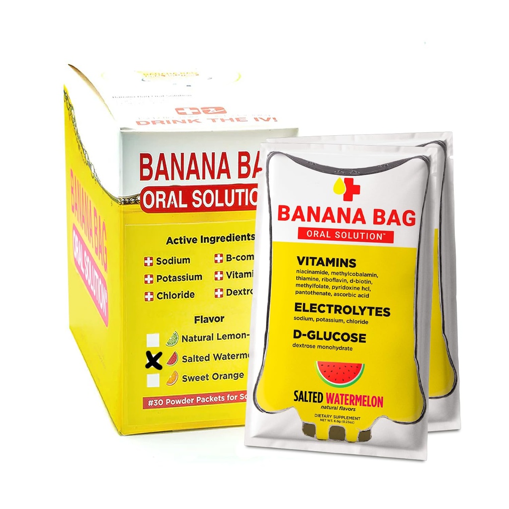 Paket Solusi Banana Bag Oral - Disajikan Watermelon 30pk 124; Sebuah Blend Pembebasan Elektrolit, Vitamin C, dan B- Kompleks untuk Hidration dan Energi. Nyaman, Easy- to- Mix, dan Sempurna untuk Penggunaan harian.