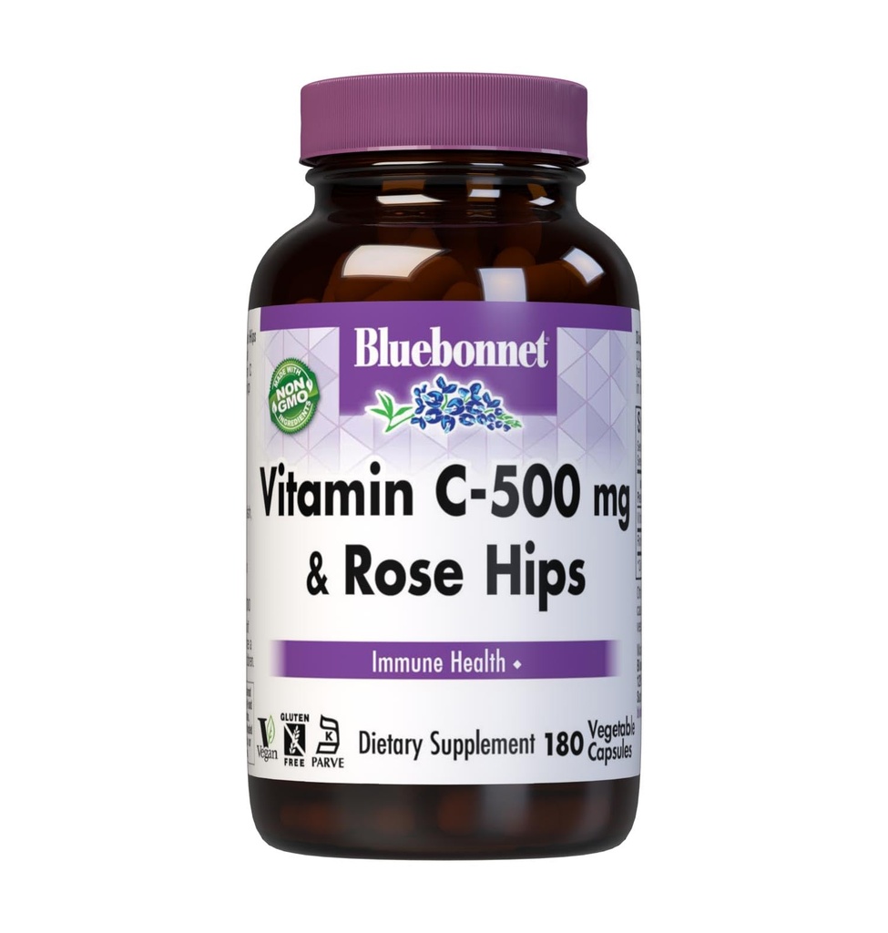 BlueBonnet Vitamin C 500 mg Plus Rosethips Vegetable Capsules, 180 Count