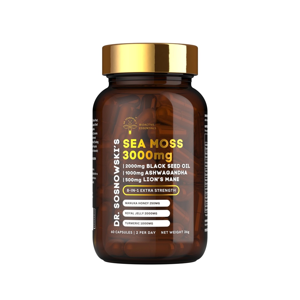 Dr. Sosnowski 's BioActive Sea Moss 124; 8-1 Formula Enriched dengan Benih Hitam, Ashwagandha, Turmeric, Manuka Honey, Lion' s Mane, Royal Jelly, Bee Propolis Ekstract 124; 60 Capsules