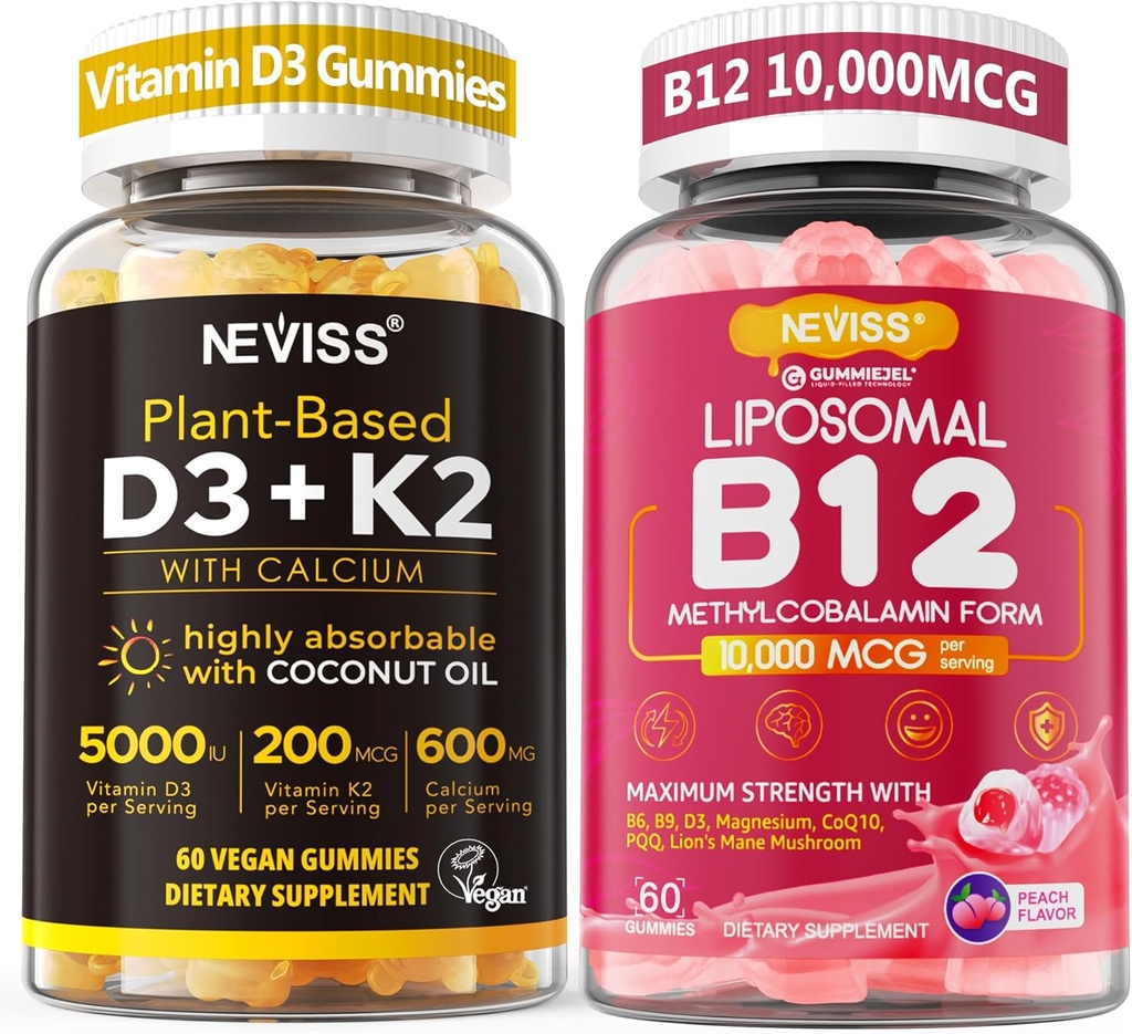 NEVISS 2Pack Vitamin D3 5000iu & K2 (as MK7) 200mcg Gummies + 600mg Calcium + 1 Pack Lipomal Methyl B12 5000 mcg / 10.000 mcg