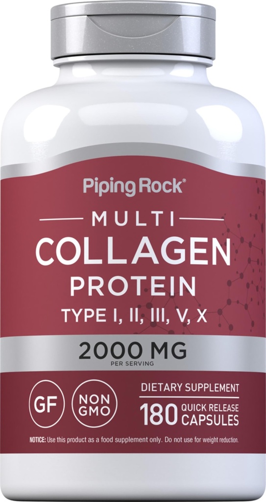 Piping Rock Multi Collagen Protein Capsules 124; 180 Count 124; 2000mg 124; Types I, II, III, V, X 124; Complex Blend 124; Non-GMO, Gluten Free