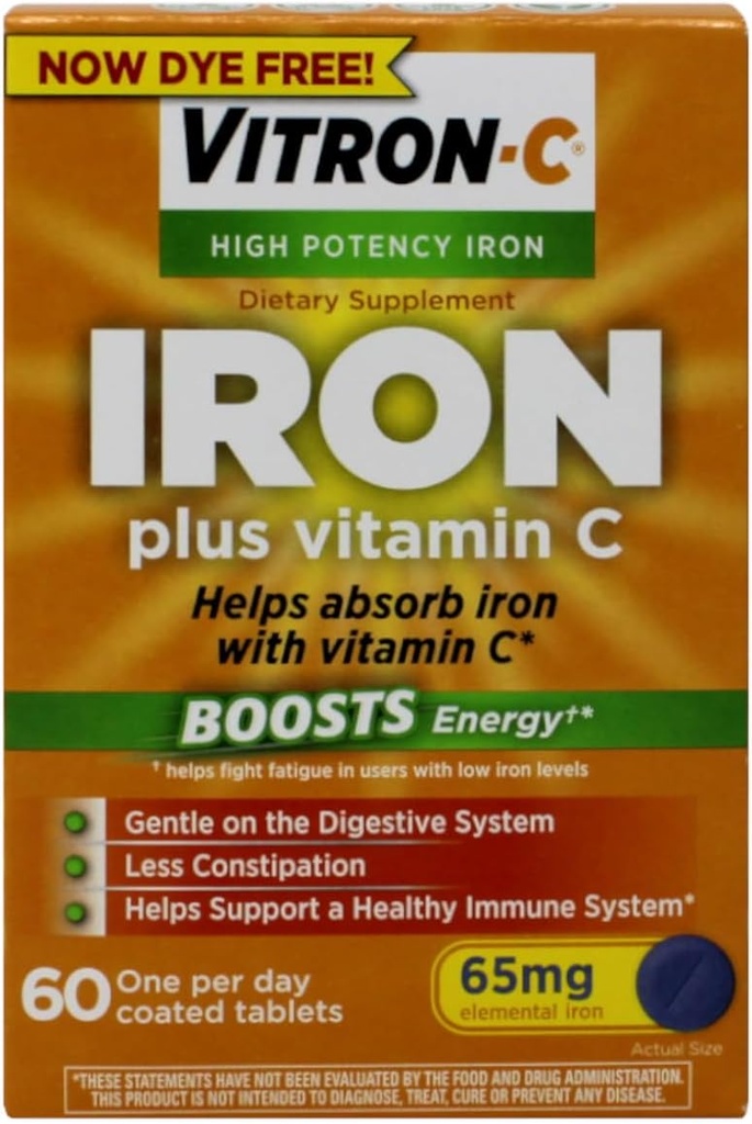Potensi Tinggi Vitron-C Tambahan Besi - Besi Plus Vitamin C, Boosts Energi, Lembut pada The Digetical System, 60 Tablets Coated, 65 mg Elemental Iron