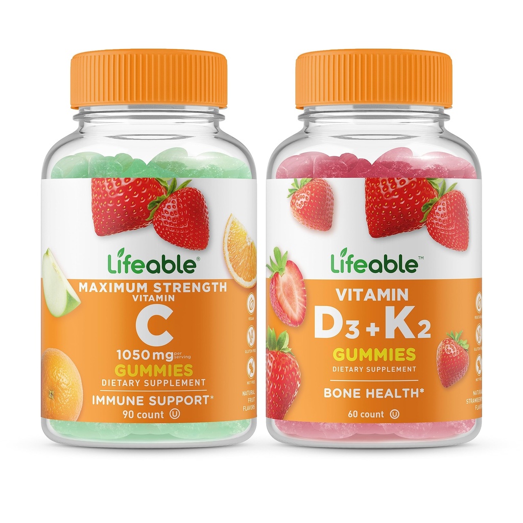 Lifeable Vitamin C 1050mg + Vitamin D3 + Vitamin K2, Gummies Bundle - Tasting Besar, Tambahan Vitamin, Gluten Bebas, GMO Bebas, Gummy Chewable