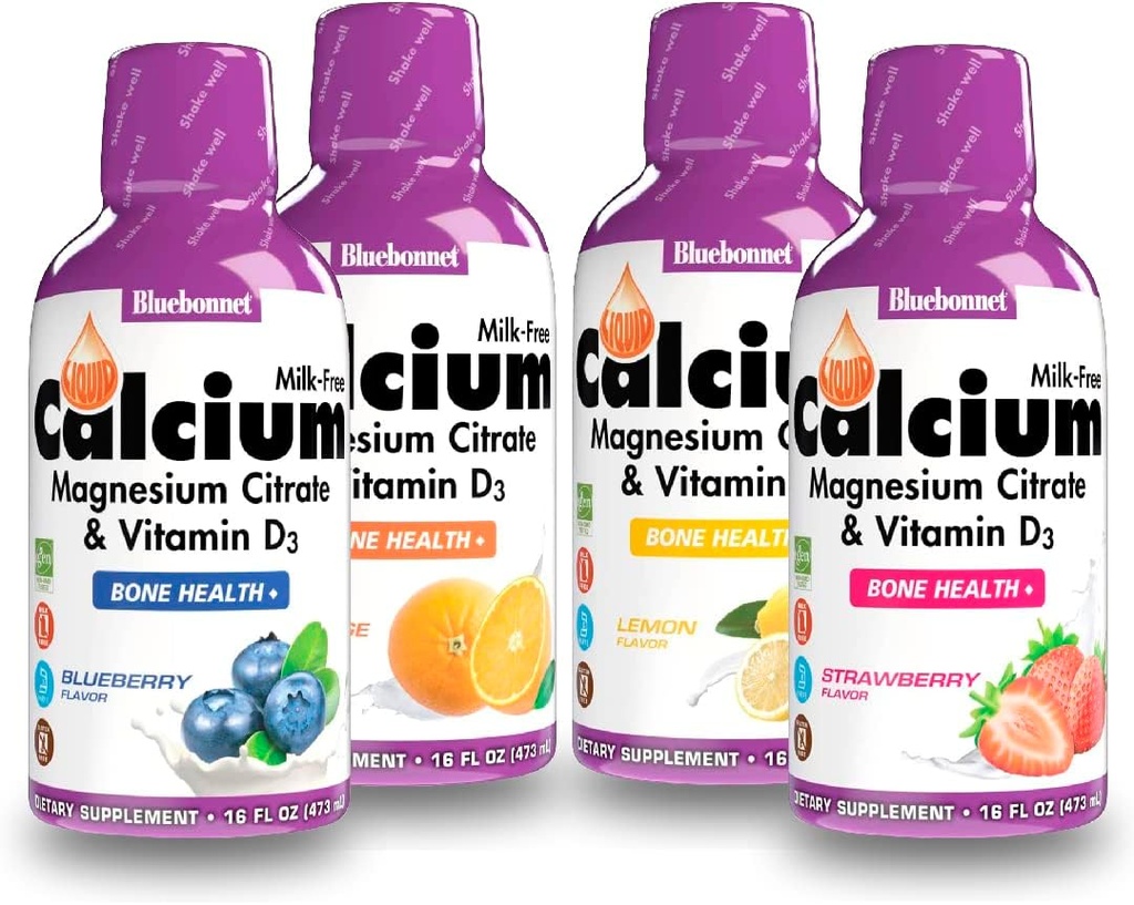Bluebonnet Nutrition Liquid Calcium Citrate Magnesium Citrate, Vitamin D3, Bone Health - Bundle Orange, Blueberry, Lemon dan Strawberry Flavor, 4 Bottle Oz 16 (64 Fl Oz Total)
