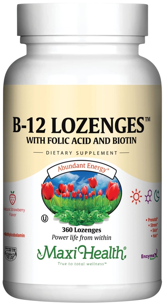 Maxi Health Vitamin B12 Lozenges with Folic Acid and Biotin - Sublinual B12 Vitamin Strawberry Flavor - Vegetarian Kosher B 12 Vitamin in for Red Blood Cell Production and Energy (360 Count)