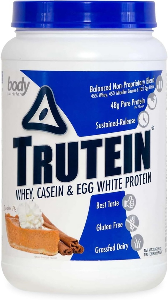 Tubuh Nutres Trutein High Powder: 45% Whey, 45% Casein, 10% Egg White, Gluten- Free, Low Sodium, Grass Fed Whey Protein Powder, Gym Suplemen & Breakfast, Pumpkin Pie, 2lb