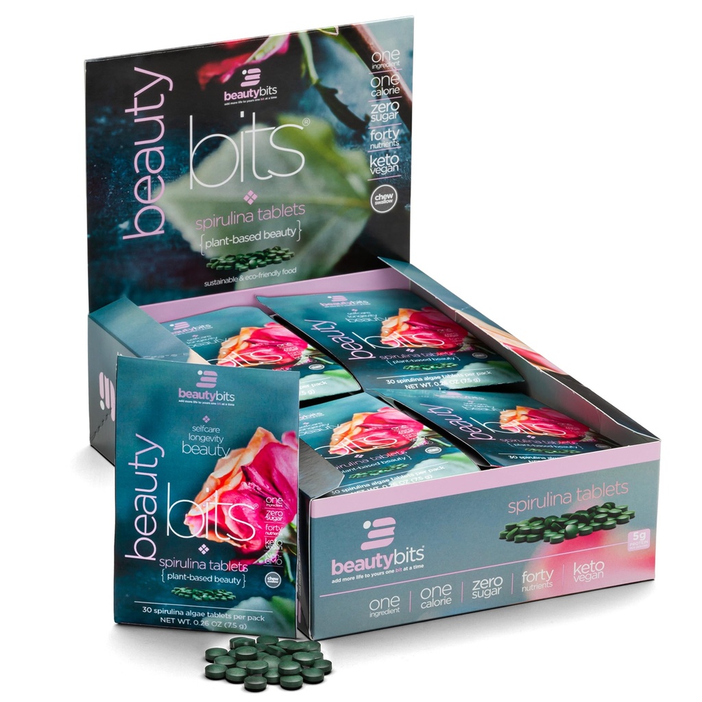 BeautYbits - Organic Spirulina Tablet - Algae Superfood - Collagen, Protein, Chlorofil - Rambut, Nails, & Skin Care - Vegan, Keto, Gluten Free - Self Care - Beauty - 30 Bags, 900 Tablet