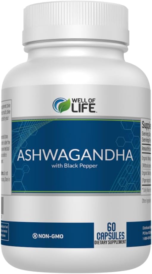 Well of Life: Ashwagandha 650mg + Black Extract 60 Veg Capsules: Enhanced Sleep & Well-Being. GMO Non-, GMP Bersertifikat. Dibuat di Amerika Serikat.