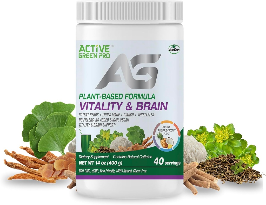 Vitalitas & Powder Otak, Blend of Synergistic Herbs, Lion 's Mane, Ginkgo, dan Vegetable, Plant - Based Formula, No Fillers, No Sugar Ditambahkan - 40 Hamba
