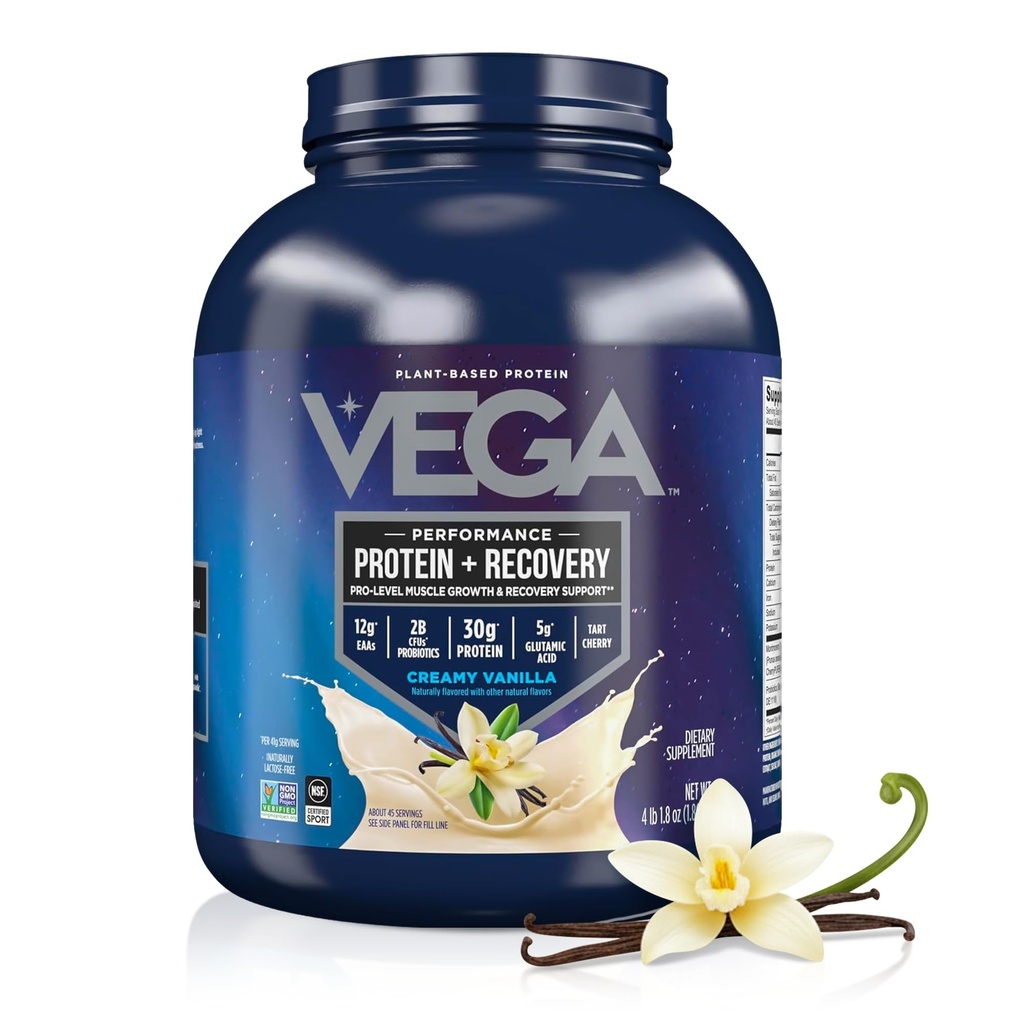 Vega Sport Vegan Powder + Recovery - 30g Plant Based Protein per Serving, Vanilla, 45 Servings, 5g BCAAs, Progories, NSF Certifikasi, Untuk Shakes & Smoothies, 4.1lbs (Packaging May Vary)