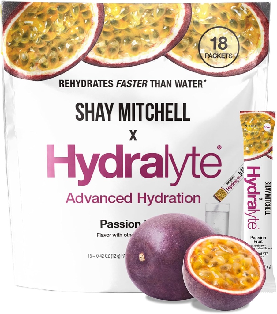 Hydralyte Shay Mitchell Electrolite Powder Pawder Pawder, Rehidtion Sugar Rapid Rendah, Powder Hidration untuk Heat, Travel, Exercise dan Bahelorette Parties (Passion Fruit)