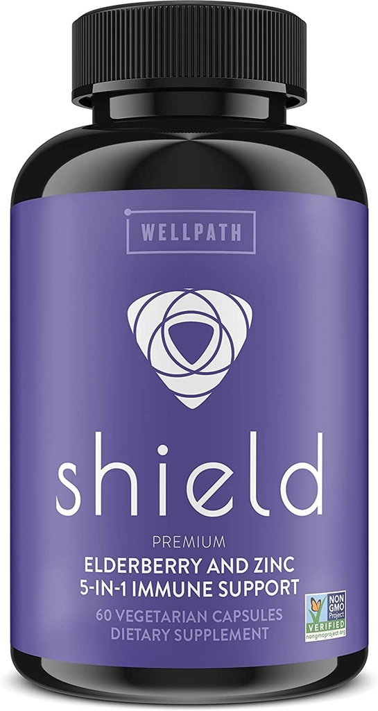 WellPath Shield Elderberry Capsules - 5-in- 1 Hamilune Dukungan Booster dengan Zinc, Vitamin C, Echinacea, Propolis Bee - Premium Zinc Suplemen - 600 mg Sambucus Black Elderberry Pil untuk Dewasa - 60 Ct