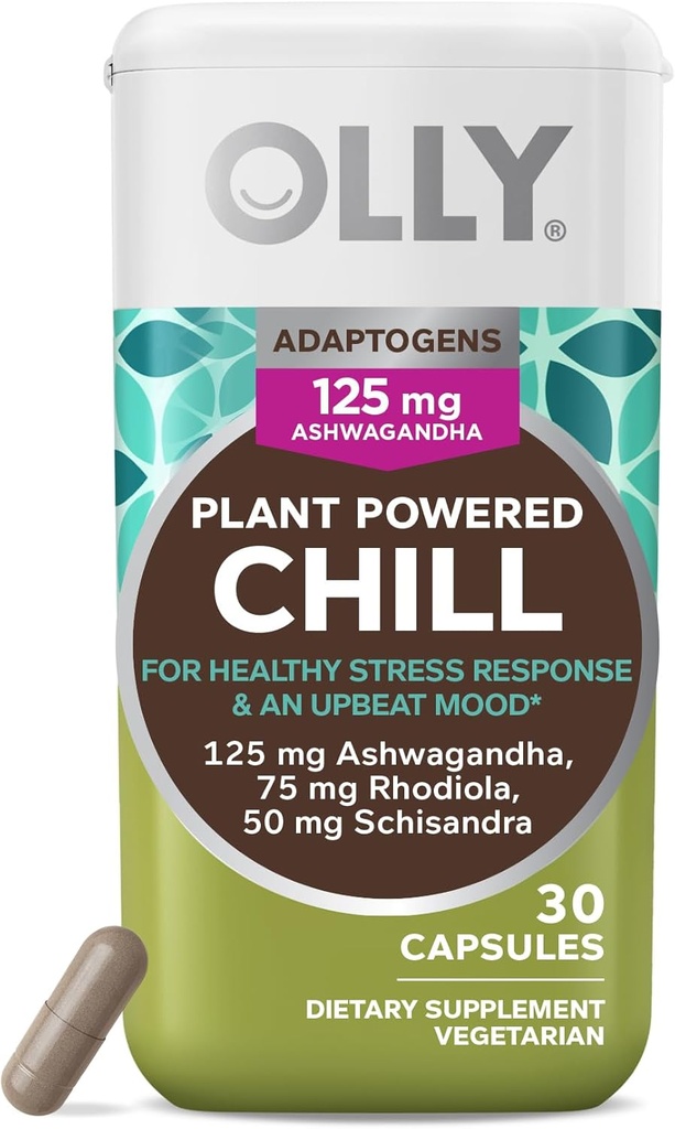 OLLY Chill Adaptogen, Ashwagandha, Mood Dukungan Tambahan dengan Rhodiola Root, Kapsul Vegetarian - 30ct