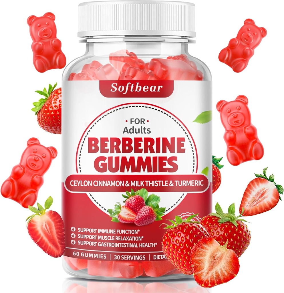 Softbear Berberberine dengan Ceylon Cinnamon Gummies Organic Berberine HCL 1500mg untuk Metabolisme Kesehatan Sugarune-Free Berberin Suplemen Strawberry Flavored 60 Count