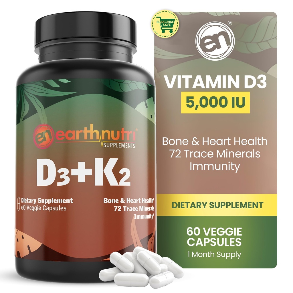 EarthNutri Vitamin D3 K2 Tambahan 5000 IU - Termasuk K2 dari MENA Q7, D3 dari Vitashine, Calcium dari Aquamin & 72 Trace Mineces - untuk Imune, Bone & Heart Health - Non-GMO - 60 Veg Capsules