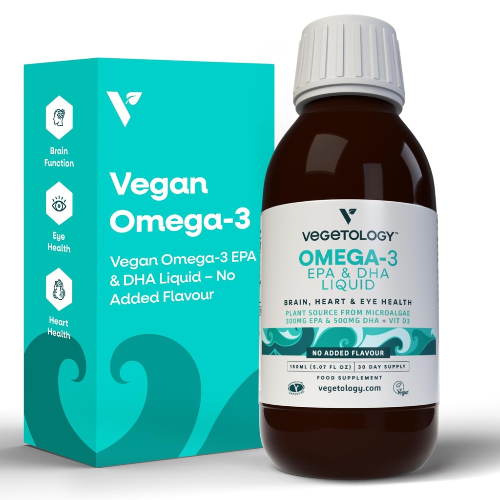 Cairan Vegan Omega 3, dari Mikroalgae, 800mg EPA DHA, dengan Vitamin D3, Supports Heart, Otak dan Mata Kesehatan, Natural Fish Oil Alternatif, UK Dibuat, Unflashed