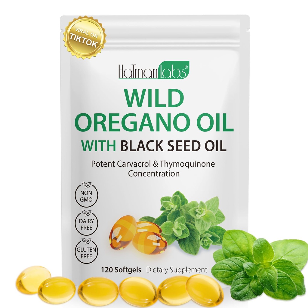 Oregano Oil Capsules, 2 di 1 Oil Oregano dengan Minyak Benih Hitam, Capsules Oil Oreganik, Ekstrak Oregano Non- GMO, Gluten Bebas