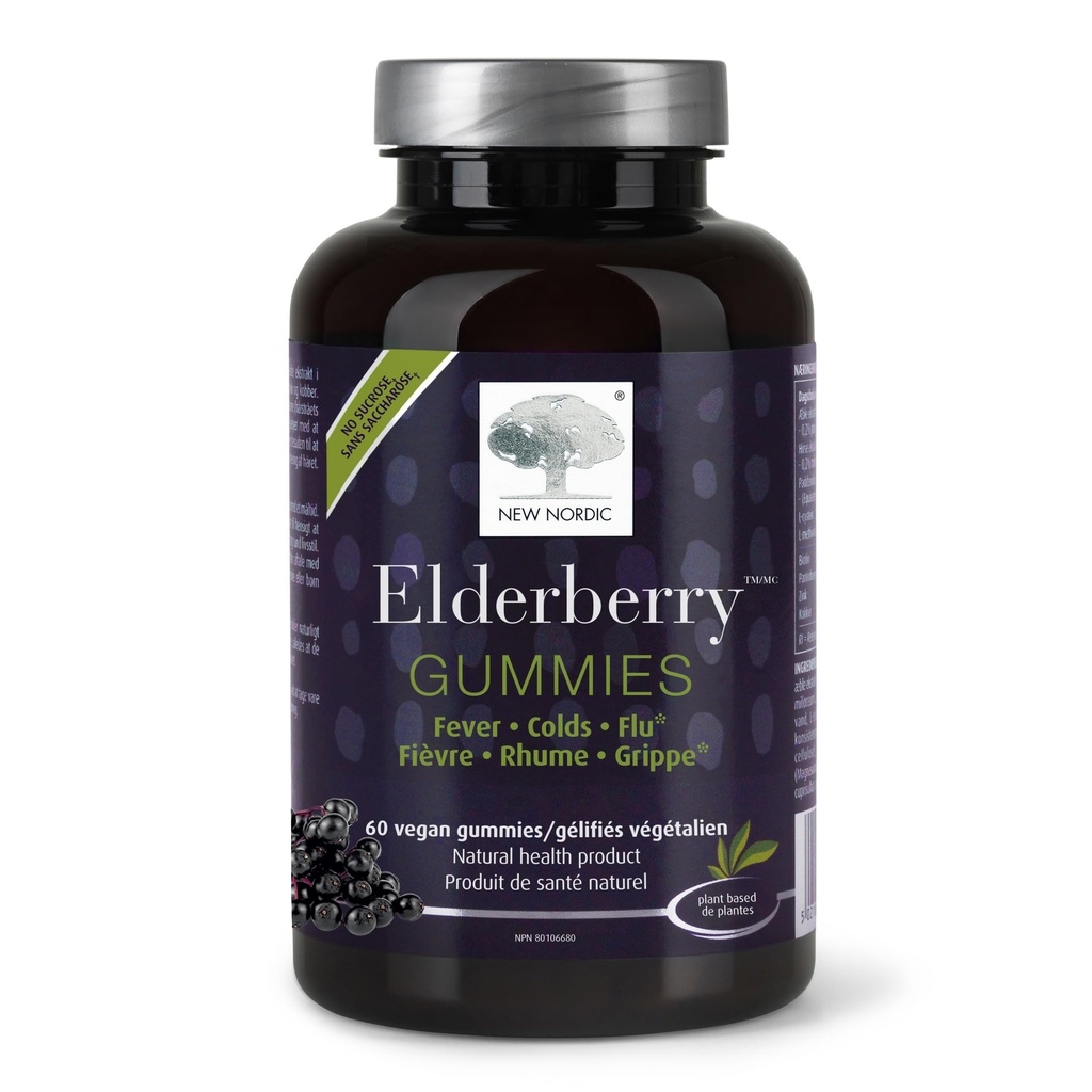 New NORDIC Elderberry Vegan Gummies, Sugar Free Chewable Ammune Dukungan dengan Vitamin C untuk Dewasa dan Anak 4 +, Tidak Ada Warna Buatan atau Flavors, 60 Count (Paket 1)