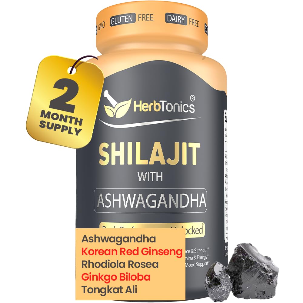 Herbtonics Shilajit for Men & Women with Ashwagandha, Korea Red Ginseng, Rhodiola Rosea, Ginkgo Biloba, Tonkat Ali 124; Fulvic Acion & Trace Minestrace for Stamina & Imunity 124; 60 Vegan Capsules