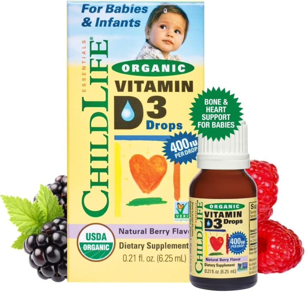 - Vitamin D Drops for Baby, 400 IU Per Drop, All- Natural, USDA Organic, Non-GMO, Gluten- Free - Natural Berry Flavor, 0.21 Fl Oz