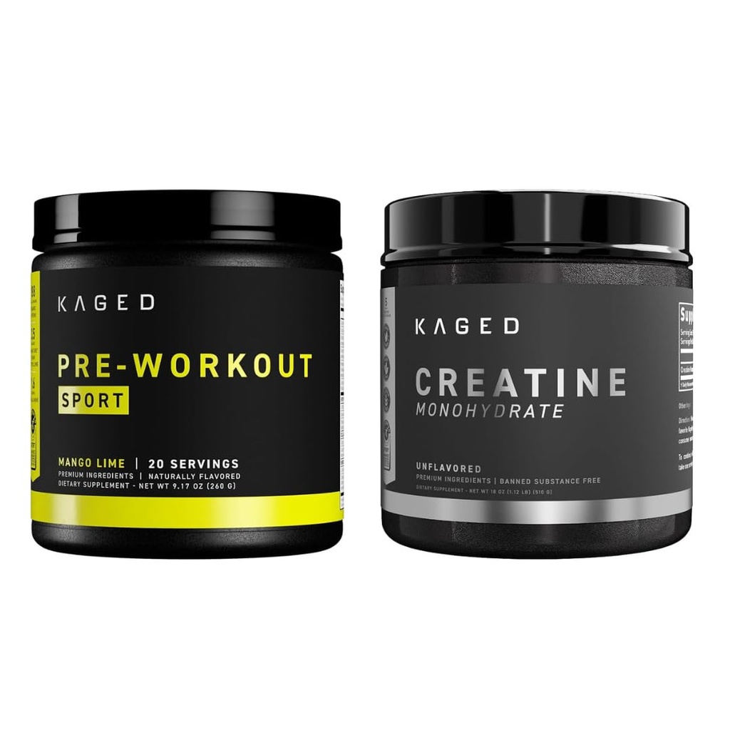 Kaged Pre Sport Pre Workout Powder Mangga Lime Creatine Monohydrate Micronized Powder Bundle, Energi & Muscle Recovery Suplement Pack, 20 Pelayan Pre- Workout + 100 Pelayan Cretine