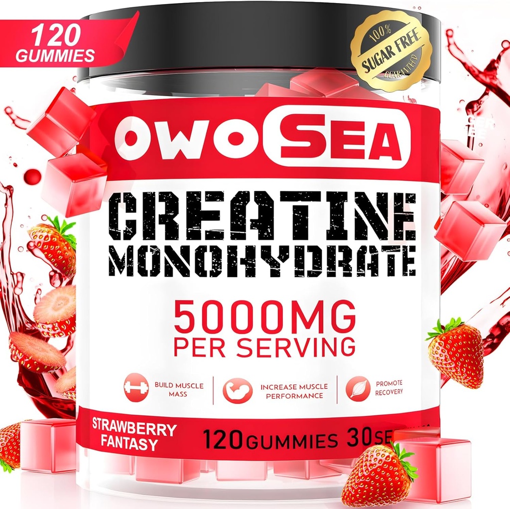 Creatine Monohydrate Gummies for Men & Women 5000mg Creatine Monohydrate per Serving for Muscle Dukung Energy Boost 120 Count Chewable 5g Creatine Supppplemen Sugar Free Vegan (1 Pack, Strawberry)