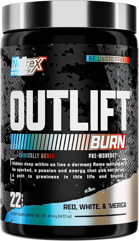 Nutrex Outlift Burn Pre-Workout Tambahan Energi, Fokus & Endurance 124; Metapolyte, L-Citruline, Beta- Alanine & Caffeine 124; Thermogenic Formula untuk Performance (22 Pelayan, Red White Merica)
