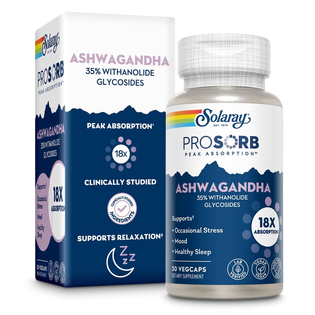 SOLARAY Ashwagandha Capsules 18X Absorpsi - Ashwagandha Root dan Leaf Extract 240 mg - Occational Stress Relief and Mood Suppplemen - Vegan, Jaminan 60- Day - 30 Hamba, 30 VexCaps