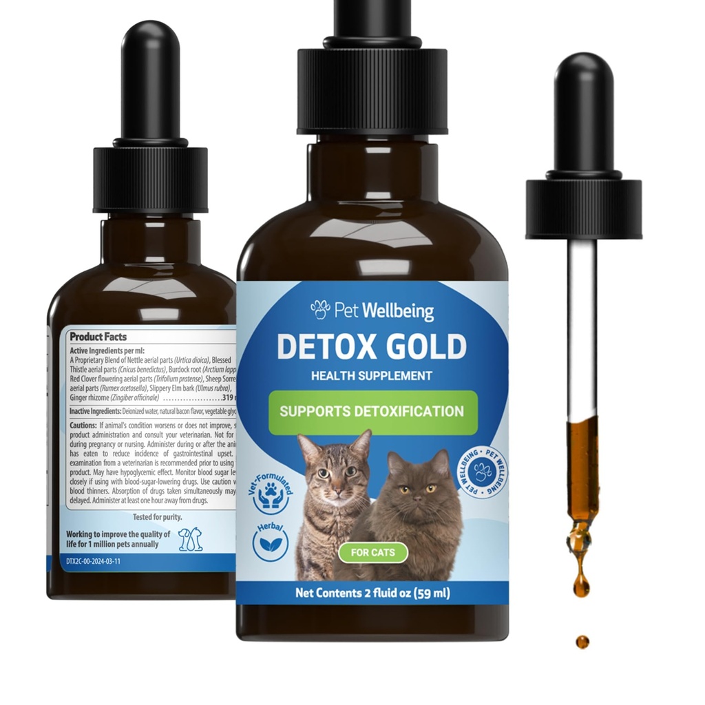Pet Wellsbeing Detox Gold for Cats - Gentle Detokfication & Elimination Support, Immune System Care, Nettle, Blessed Thistle, Burdock Root - Veterinarian- Formulated Herbal Supplemen 2 oz (59 ml)