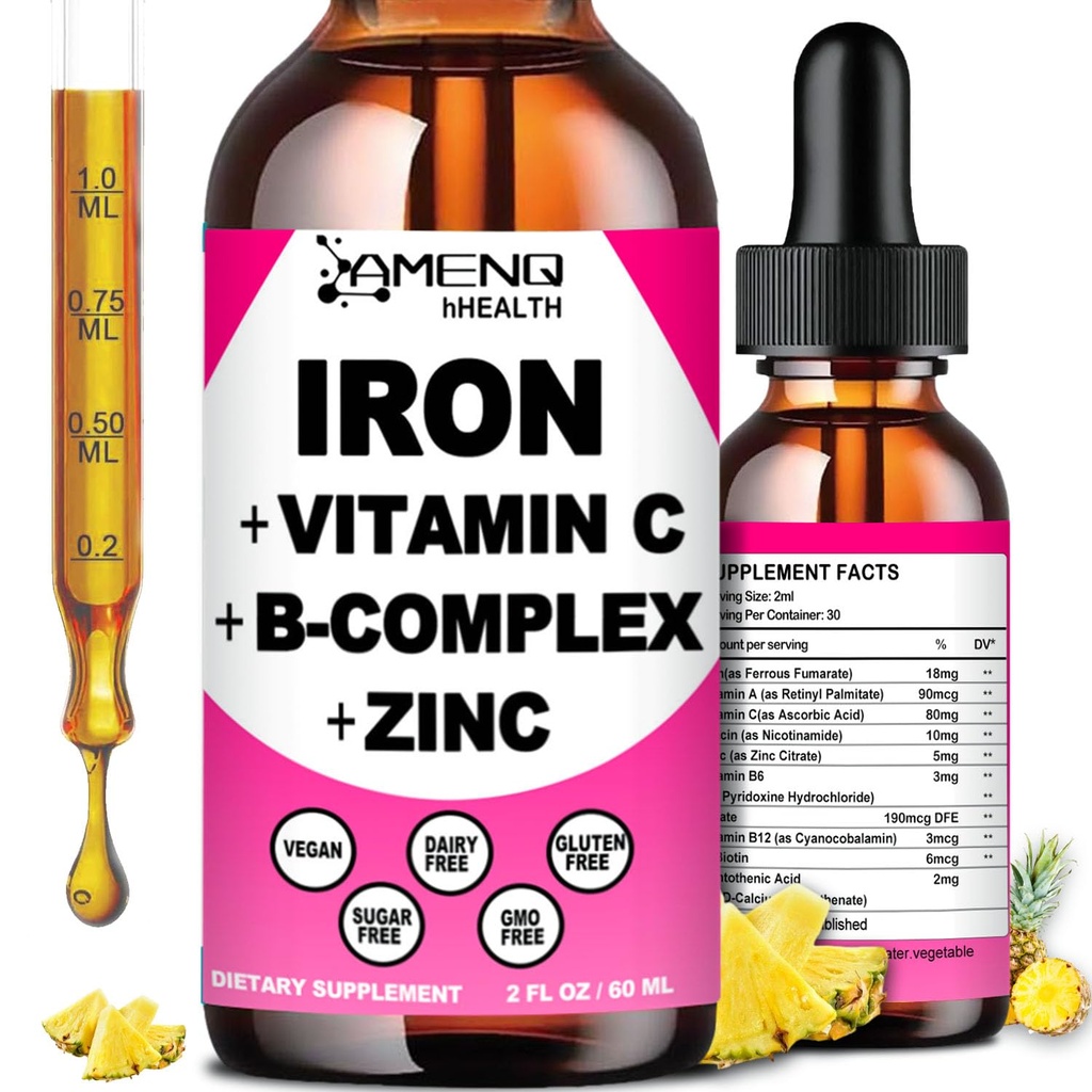 Tambahan Besi untuk Perempuan Pria & Anak-anak, Iron Vitamin C, A, B-Complex, Vegan Iron Drops Tinggi Potency Liquid Vitamin & Iron Suplemen untuk Anemia, Red Blood Cell, Energy, Blood Builder, Lembut