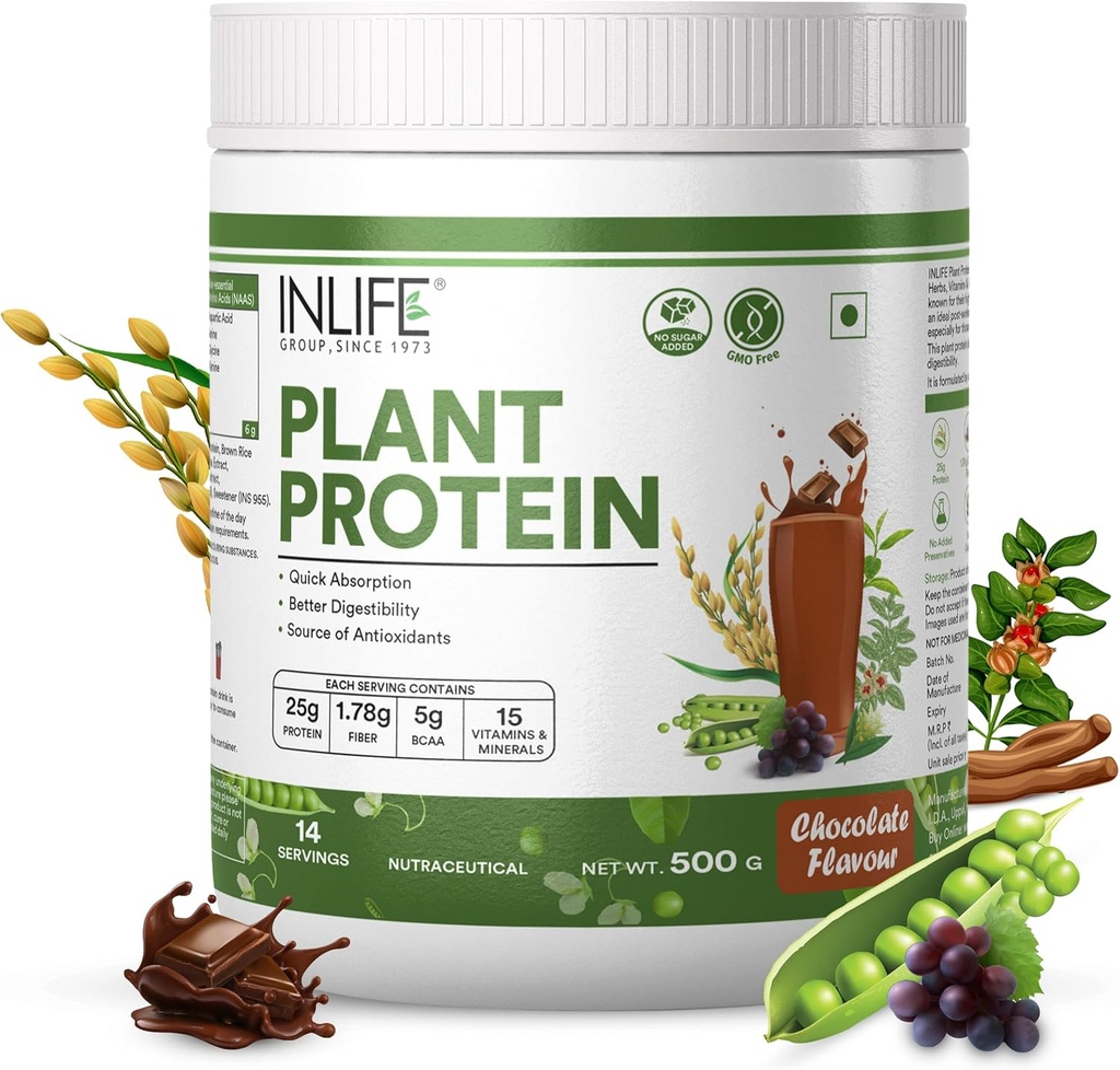 KEHIDUPAN tanaman Protein - Pea, Quinoa & Brown Rice - 25g Protein - Ashwagandha, Teh Hijau & Grap Ekstrak Benih - Suplemen (500 g, Chocolate)