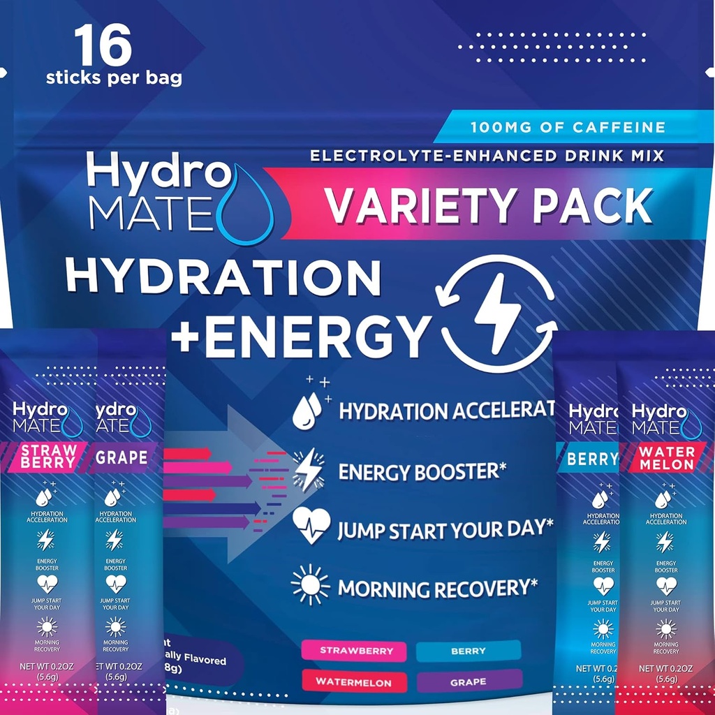 HidroMATE Electrolytes Powder Drink Mix Pack Hydration Apcelerator Low Sugar Party for Rapid Recovery Vitamin C Plus Caffeine Variety Pack 16