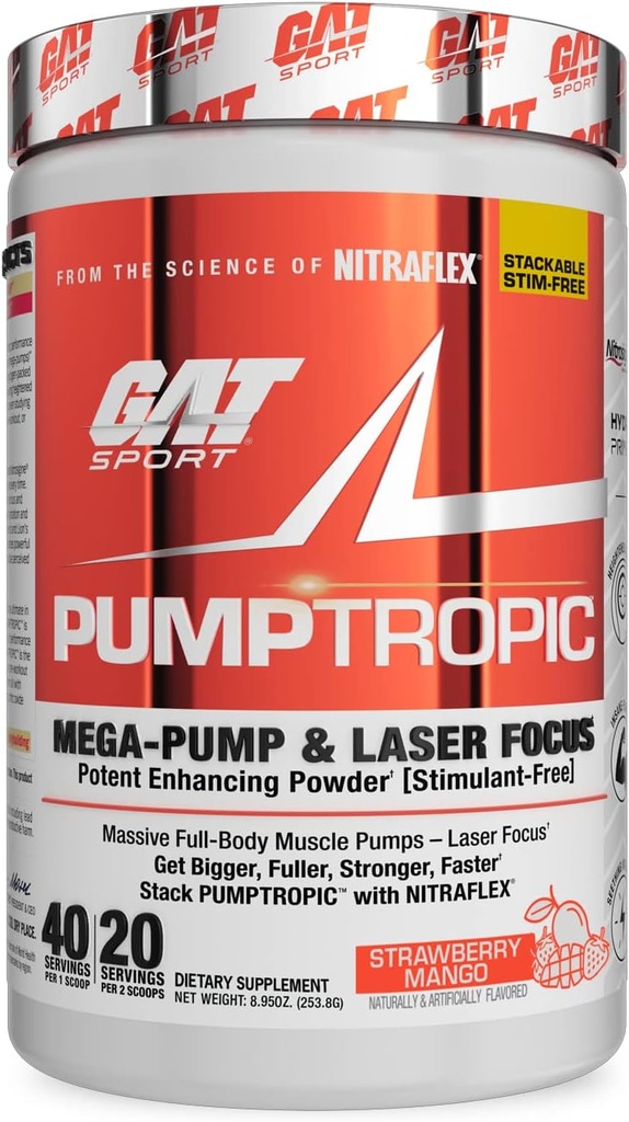 GAT Sport Pumptropic Mega- Pompa & Laser Fokus Mempan Popper (Stimulant- Free), 40 Servings (Strawberry Mango)