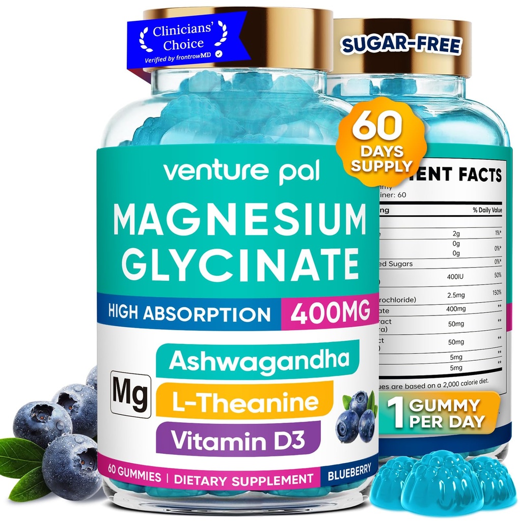 60 Hari Supply Magnesium Glycinate 400mg Gummies dengan Ashwagandha, L-Theanine, CoQ10, Vitamin D3 & B6, Sugar Free Magnesium Gummies untuk Dewasa & Anak-anak, Stress Relief, Sleakn & Vegan, Gluten Free