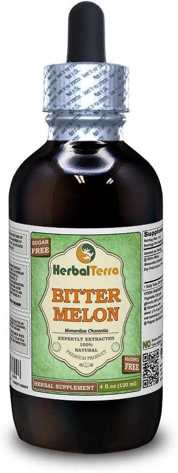 Bitter Melon (Momordica Charantia) Glycerite, Organic Dry Fruit Alcohol- Free Liquid Extract (Nama Merek: HerbalTerra, Proudly Made in USA) 4 f.oz (120 ml)