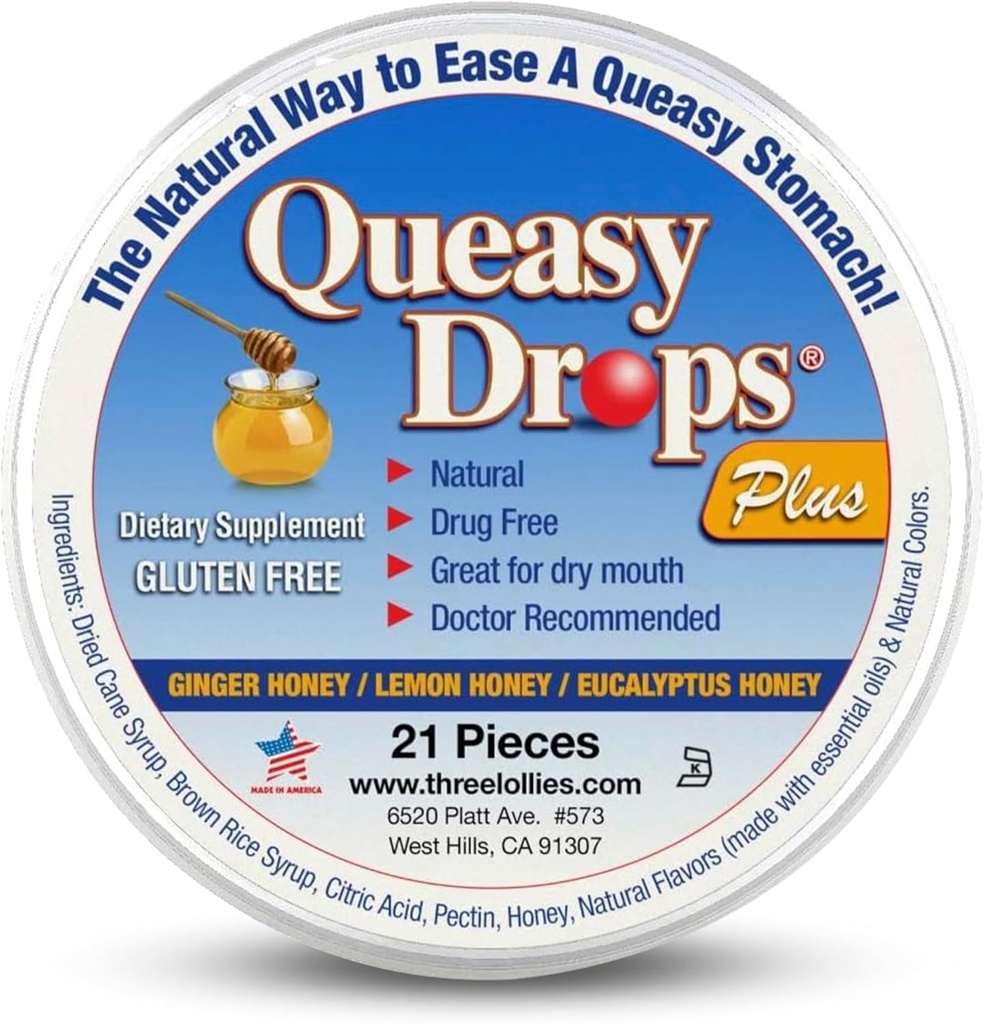 Three Lollies Queasy Drops Plus - Lozenges with Pectin & Honey to Soothe a Dry Mouth - Alleviate Nausea & Motion Sickness