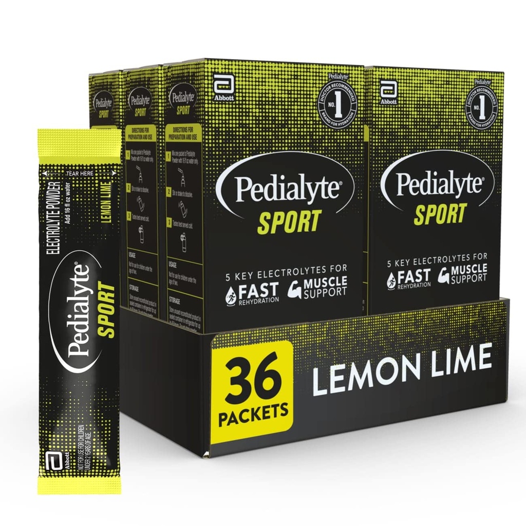 Pedialyte Sport Electrolite Powder, Fast Hydration with 5 Key Electrolite for Muscle Duction Before, During, Lemon Lime, 0.49-oz Packets (36 Count)